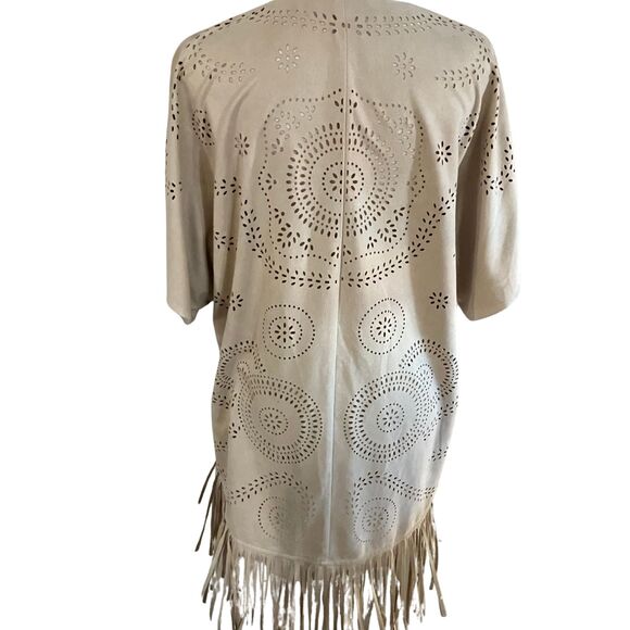 Alya Tan Floral Cut Out Faux Suede Open Cardigan Sz S, Fringe Western Rodeo Boho - Picture 3 of 9